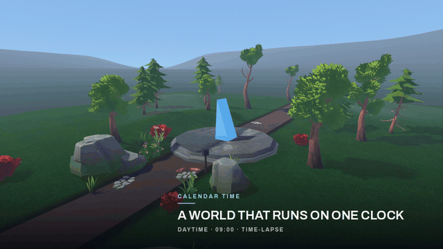 A 3D scene moving from day to night on one clock