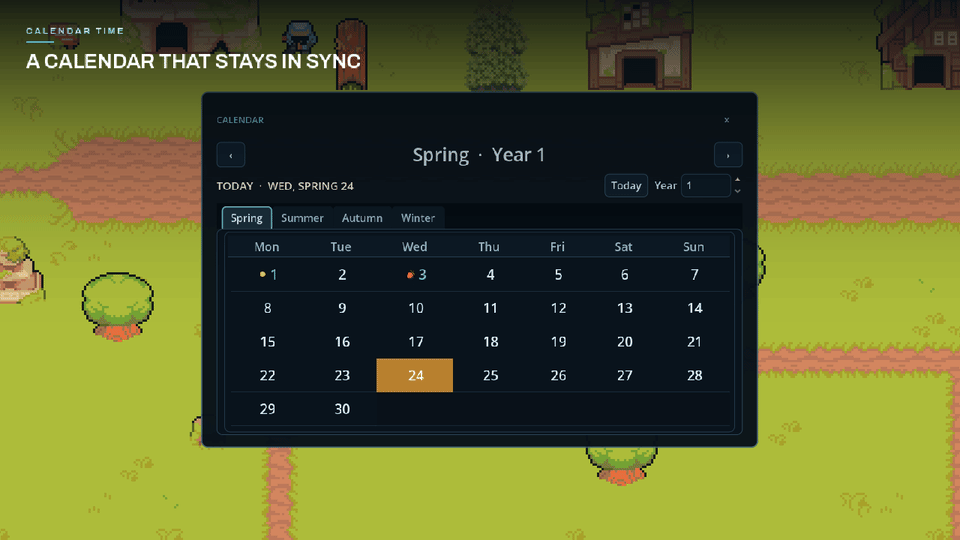 The included calendar display showing the season, the current day, and event markers