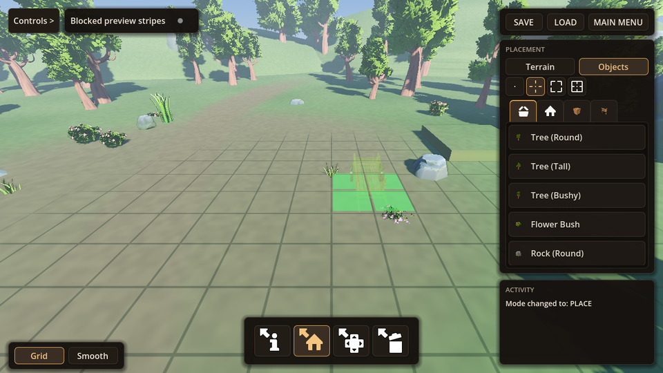 The 3D build-mode UI with the placement palette and tool bar