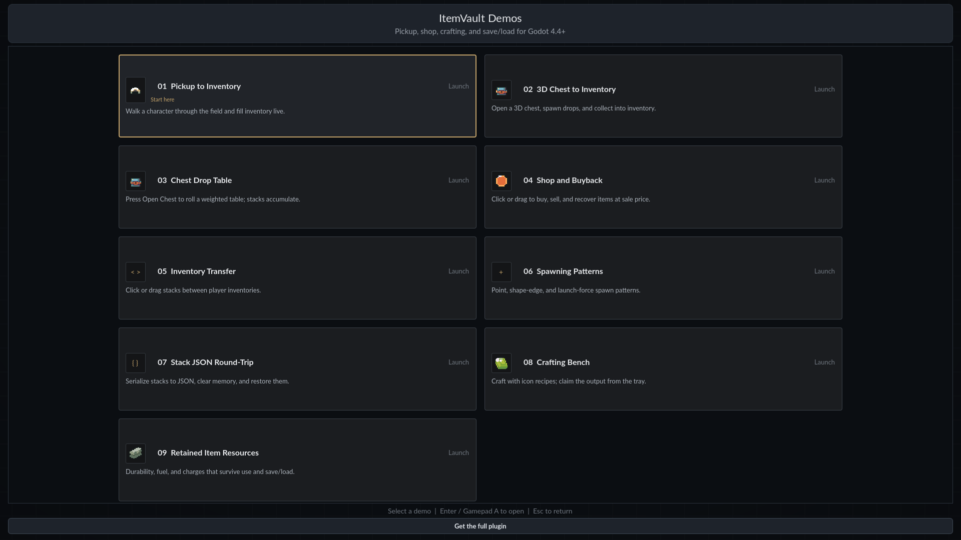 The Item Vault demo showroom listing every included demo