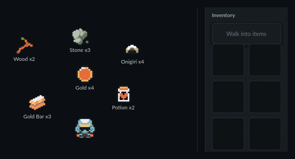 A character walking a field as dropped items collect into an inventory panel