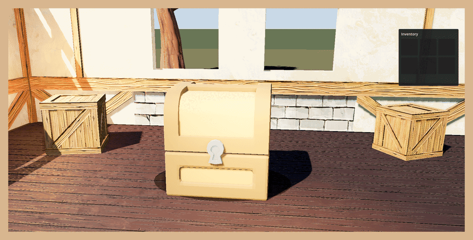A 3D chest opening in a room, its contents collecting into an inventory panel