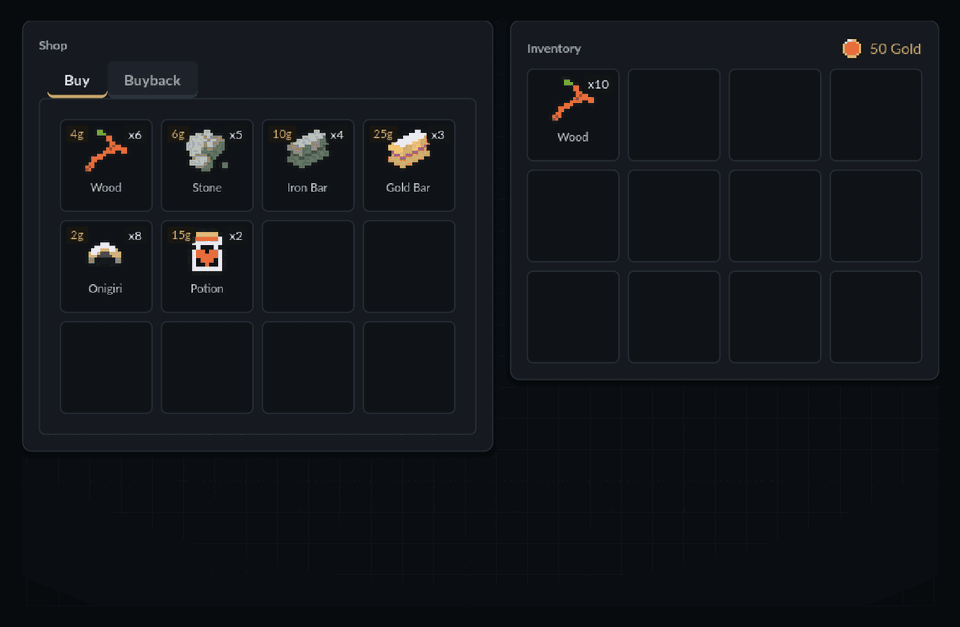 A shop screen buying and selling an item, then buying it back at the recorded sale price