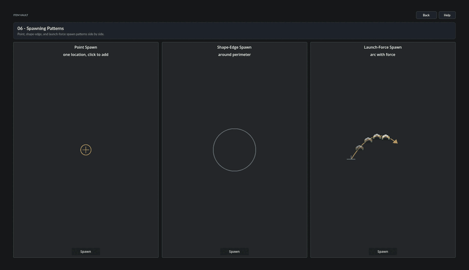 Items spawning in point, edge, and launch patterns across a 2D scene