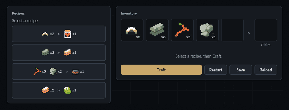 A crafting bench consuming ingredients atomically, rejecting an over-capacity craft, then restoring from a save
